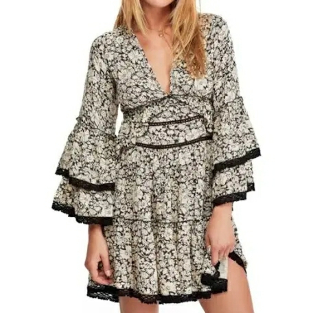 Free People Black and White Ruffle Mini Dress